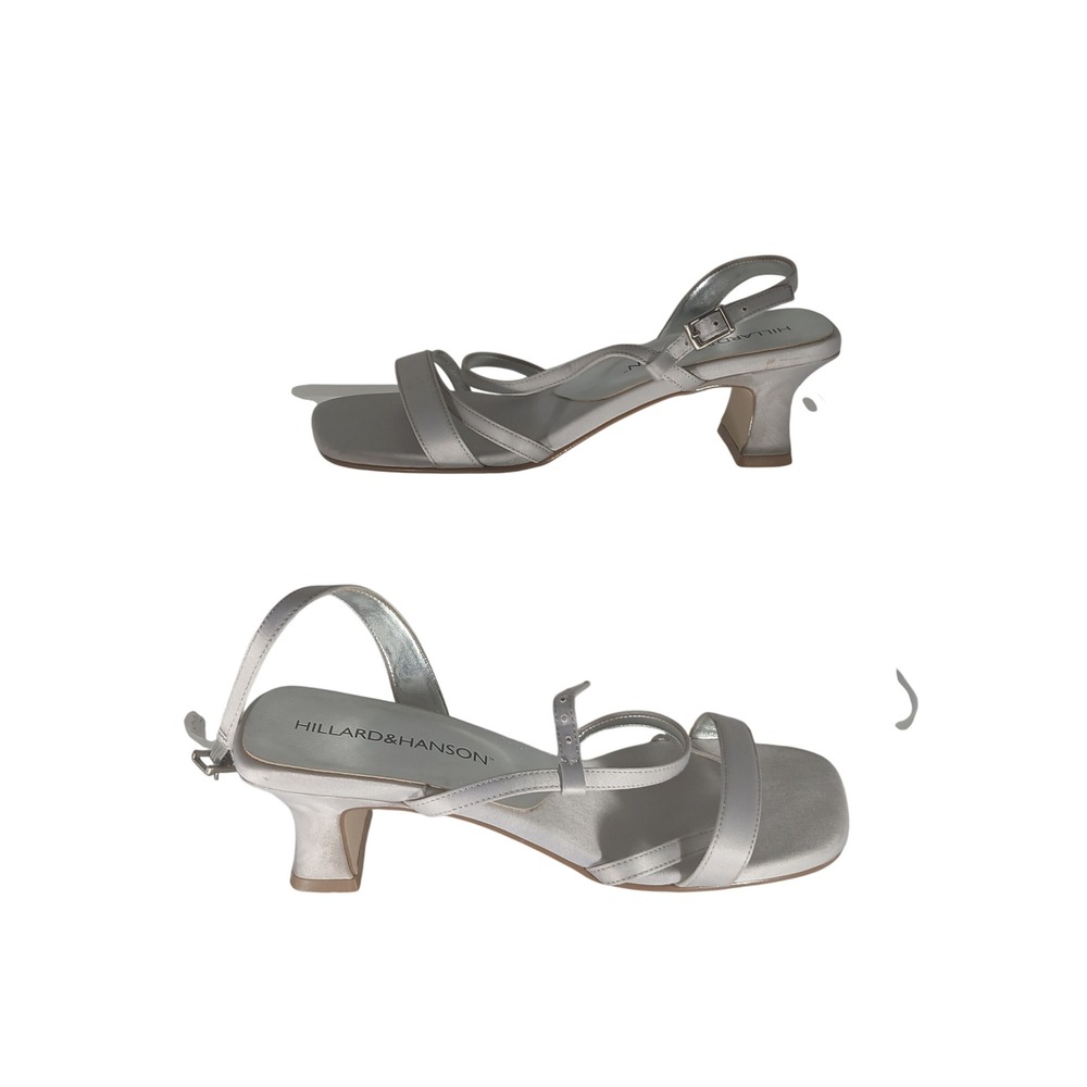 Hillard Hanson Madison Sandals 7M Silver Champagne Strappy Block Heel Square Toe